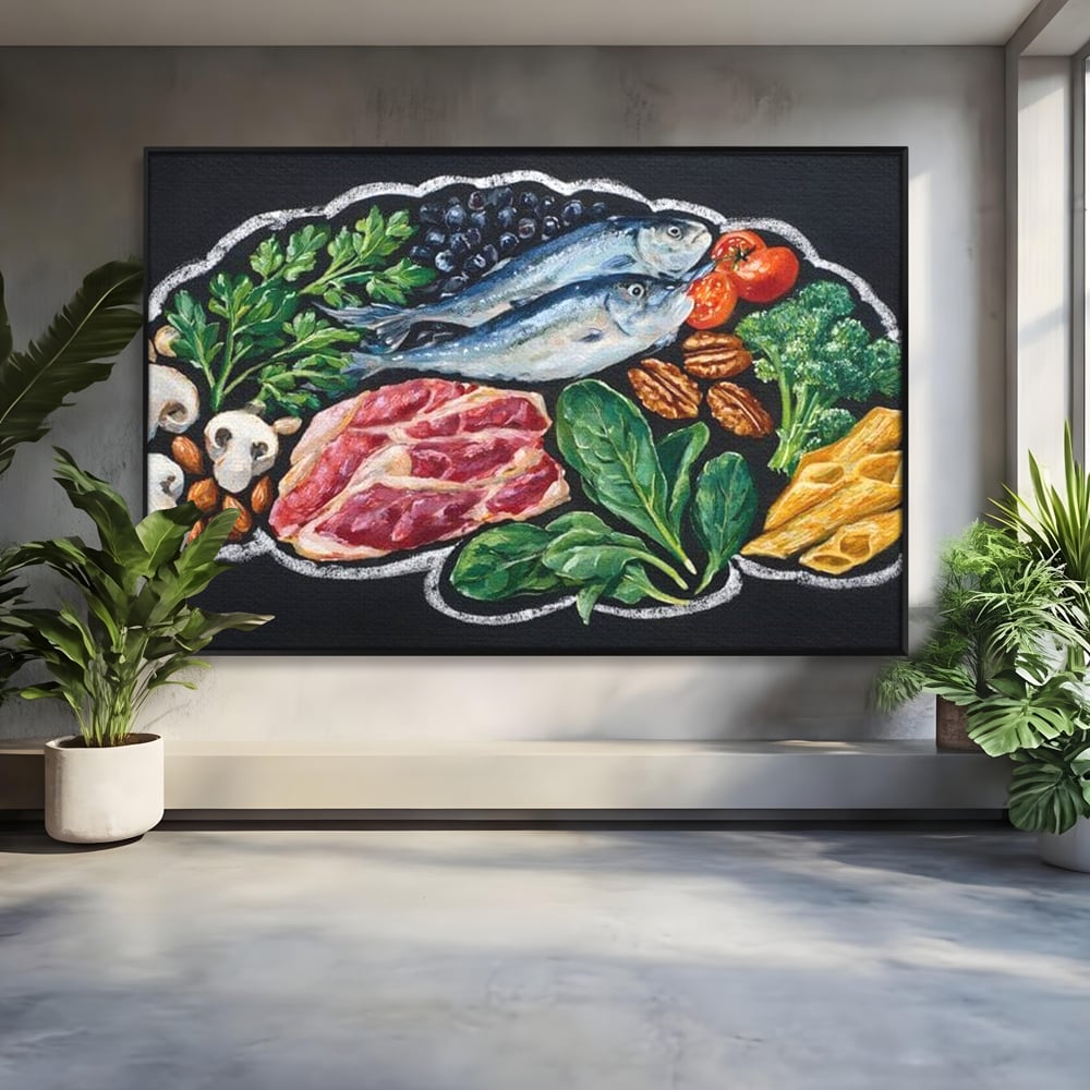 Tablou canvas cu pictura cu alimente variate pe fundal negru, in rama de aluminiu negru